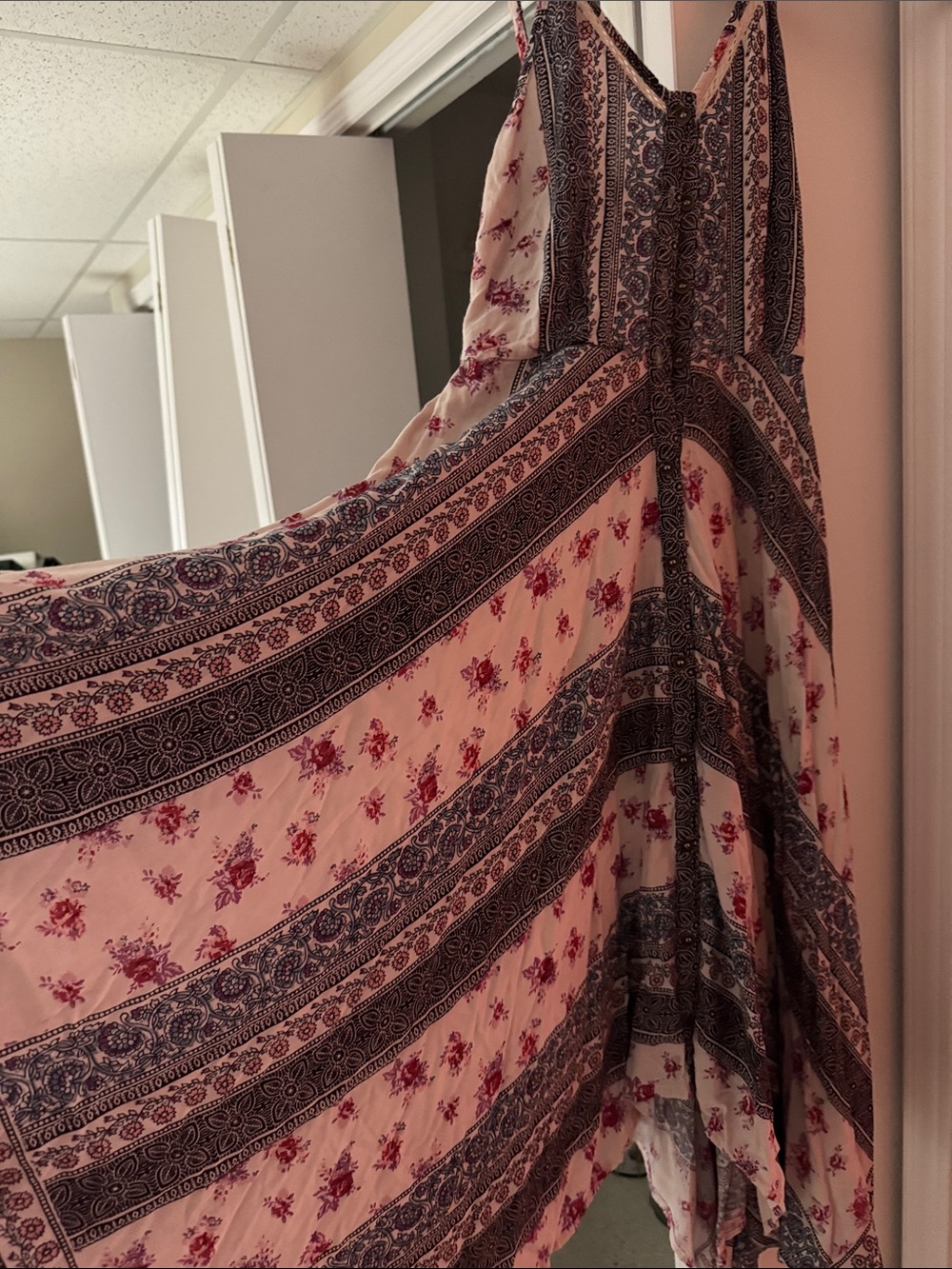 Angie Cream Boho Maxi Dress with Blue Paisley Stripes, never worn!